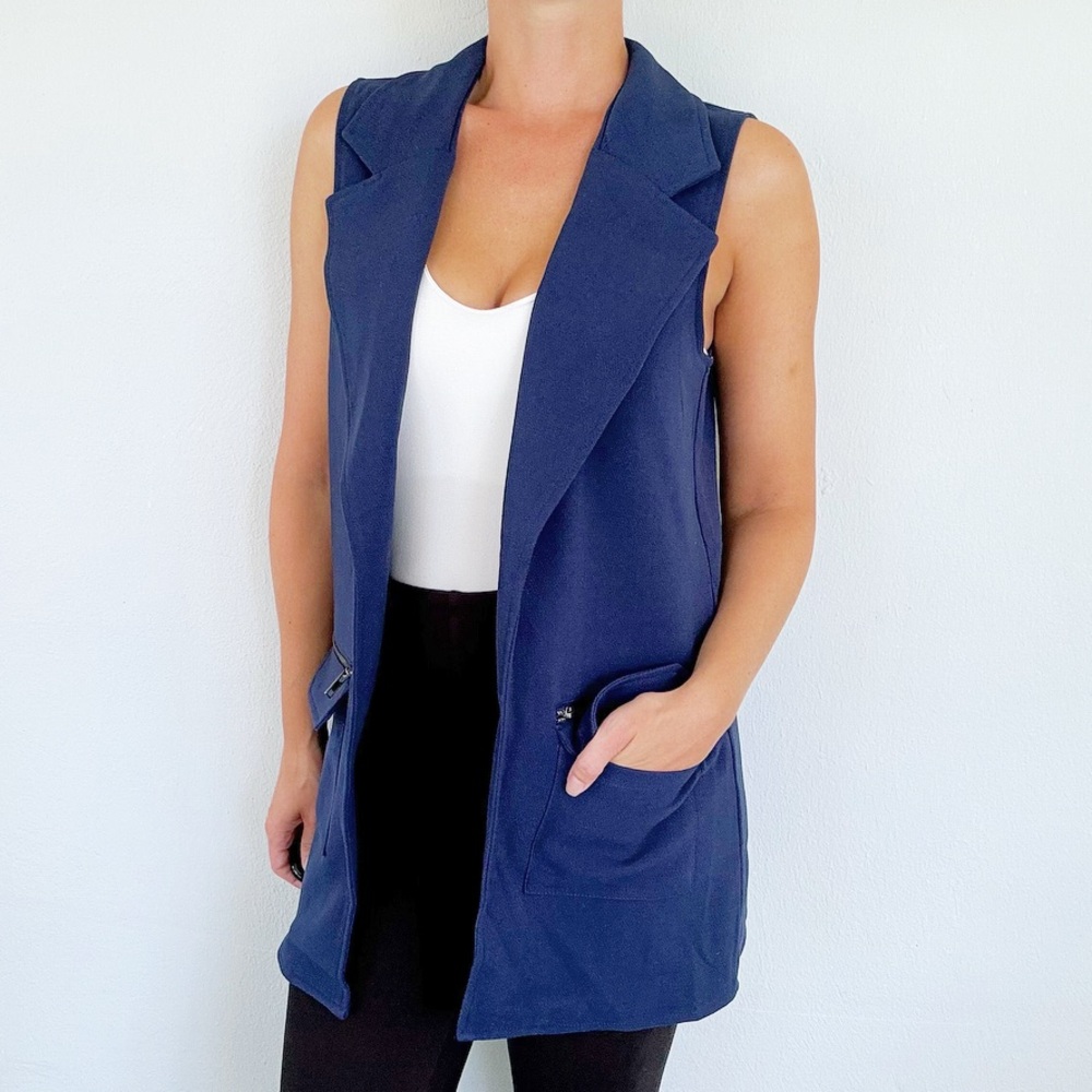 Urban Bliss dark blue long oversized sleeveless drape style vest jacket size 8